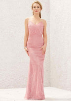 Long/Floor-Length Lace Bridesmaid Dress, Sheath/Column Cut, V-Neck, Sleeveless, With Sequined Pleating BM bride
