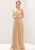 Long/Floor-Length Sequined Bridesmaid Dress, A-Line Empire Cut, V-Neck, Sleeveless, With Lace Pleating BM bride