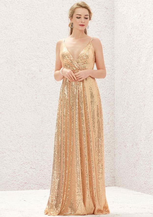 Long/Floor-Length Sequined Bridesmaid Dress, A-Line Empire Cut, V-Neck, Sleeveless, With Lace Pleating BM bride