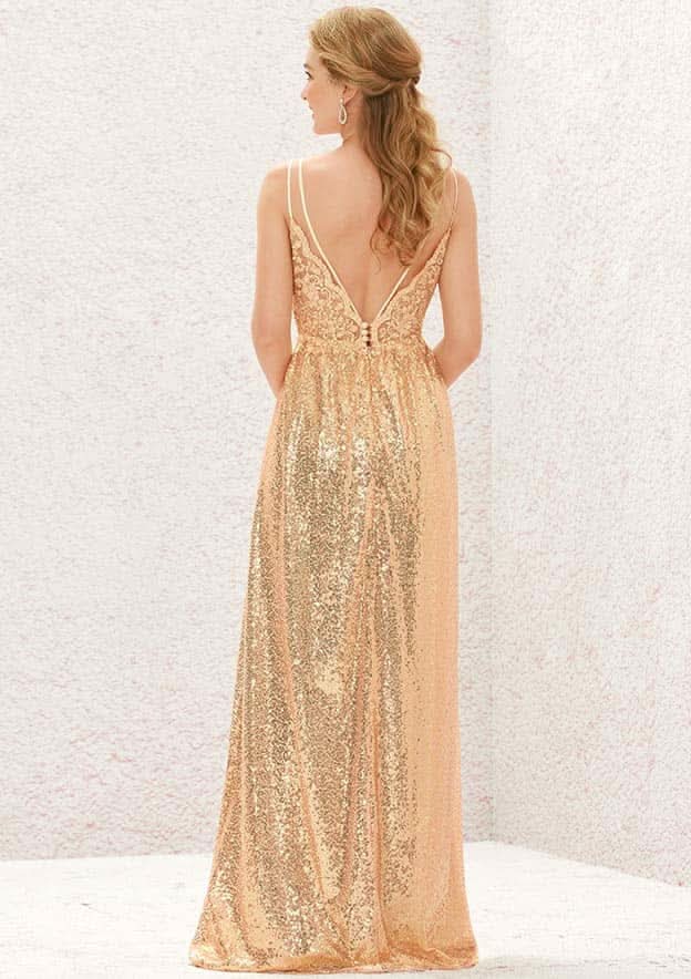 Long/Floor-Length Sequined Bridesmaid Dress, A-Line Empire Cut, V-Neck, Sleeveless, With Lace Pleating BM bride