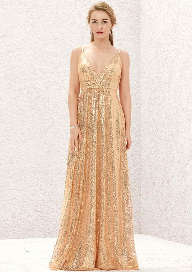 Long/Floor-Length Sequined Bridesmaid Dress, A-Line Empire Cut, V-Neck, Sleeveless, With Lace Pleating BM bride