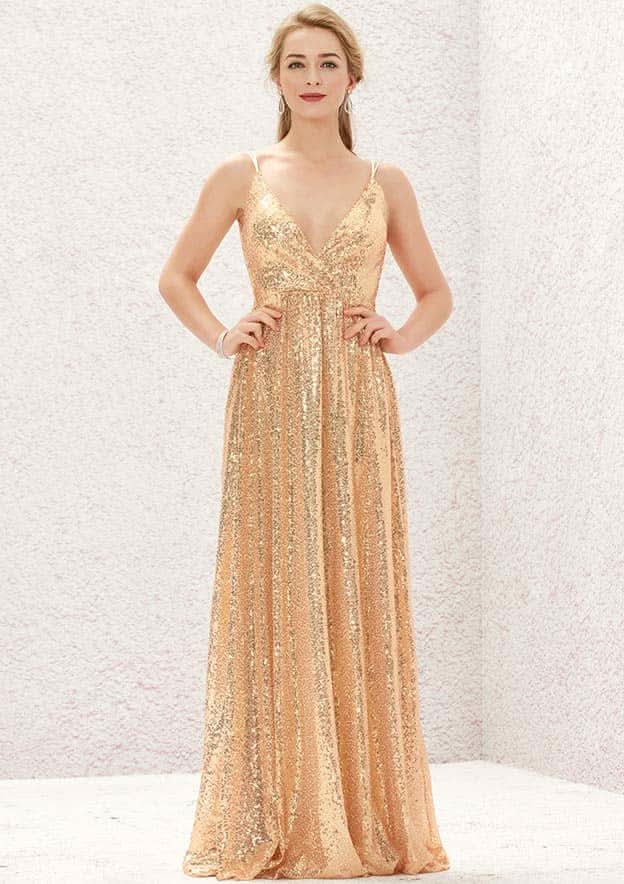 Long/Floor-Length Sequined Bridesmaid Dress, A-Line Empire Cut, V-Neck, Sleeveless, With Lace Pleating BM bride