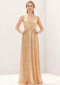 Long/Floor-Length Sequined Bridesmaid Dress, A-Line Empire Cut, V-Neck, Sleeveless, With Lace Pleating BM bride