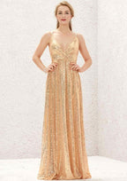 Long/Floor-Length Sequined Bridesmaid Dress, A-Line Empire Cut, V-Neck, Sleeveless, With Lace Pleating BM bride