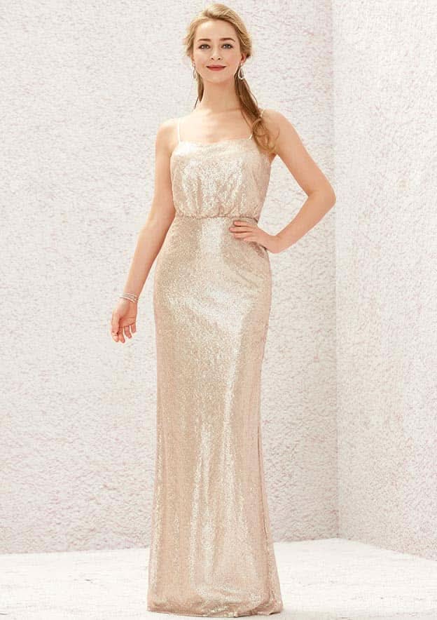 Long/Floor-Length Sequined Bridesmaid Dress, Sheath/Column Cut, Square Neckline, Sleeveless, With Pleating BM bride