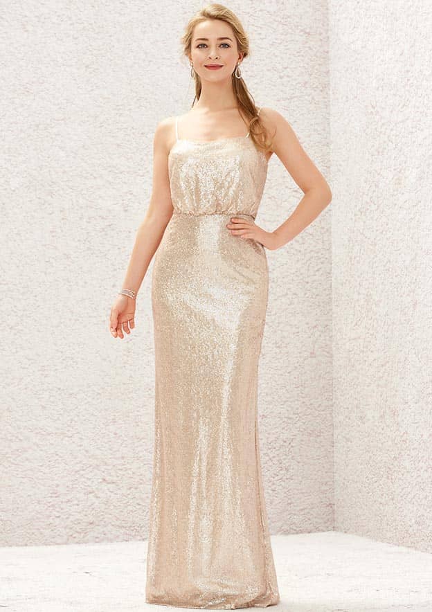 Long/Floor-Length Sequined Bridesmaid Dress, Sheath/Column Cut, Square Neckline, Sleeveless, With Pleating BM bride