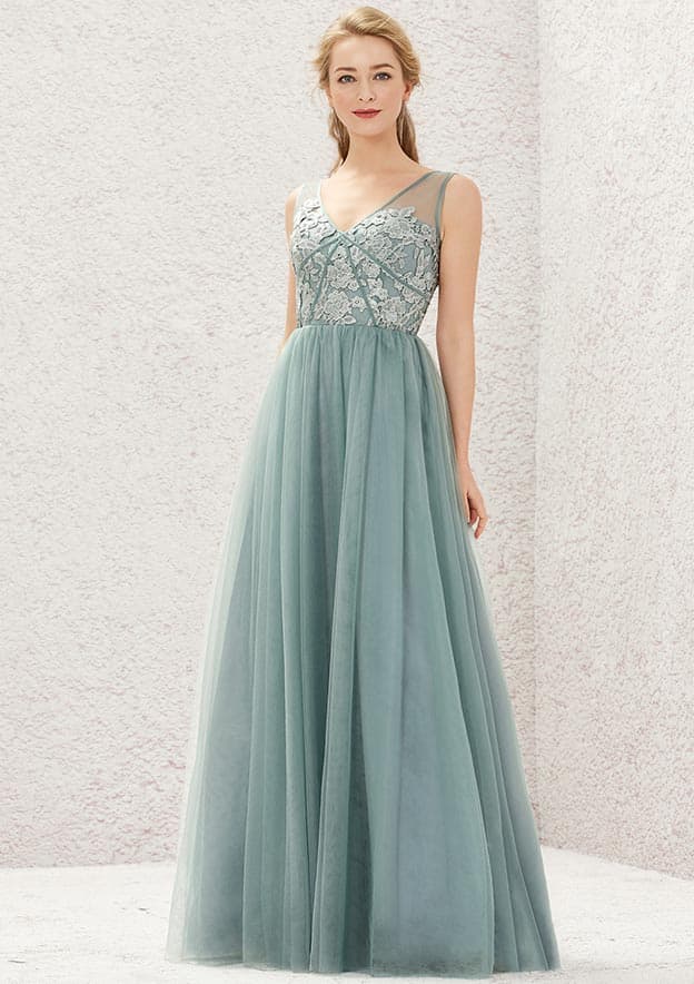 Long/Floor-Length Tulle Satin Bridesmaid Dress, V-Neck, Sleeveless, With Pleated Lace BM bride