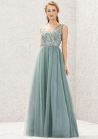 Long/Floor-Length Tulle Satin Bridesmaid Dress, V-Neck, Sleeveless, With Pleated Lace BM bride