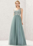 Long/Floor-Length Tulle Satin Bridesmaid Dress, V-Neck, Sleeveless, With Pleated Lace BM bride