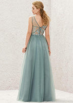 Long/Floor-Length Tulle Satin Bridesmaid Dress, V-Neck, Sleeveless, With Pleated Lace BM bride