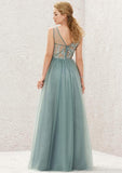 Long/Floor-Length Tulle Satin Bridesmaid Dress, V-Neck, Sleeveless, With Pleated Lace BM bride