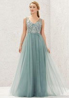 Long/Floor-Length Tulle Satin Bridesmaid Dress, V-Neck, Sleeveless, With Pleated Lace BM bride