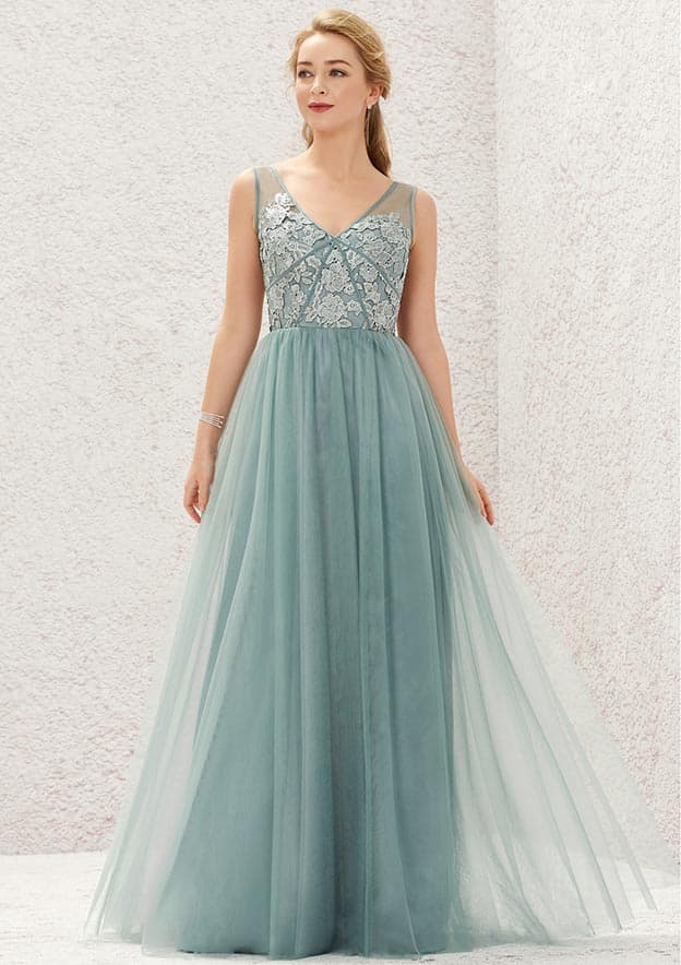 Long/Floor-Length Tulle Satin Bridesmaid Dress, V-Neck, Sleeveless, With Pleated Lace BM bride