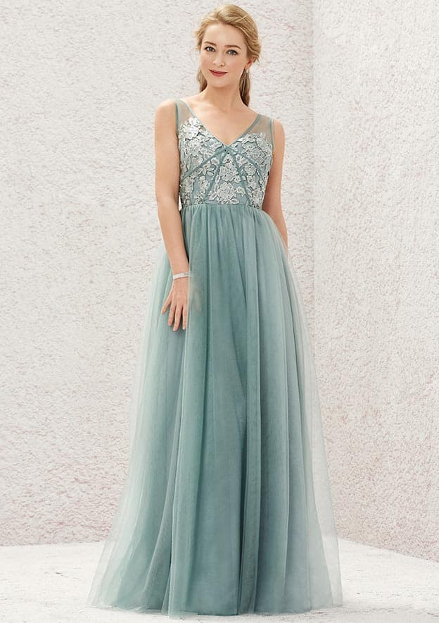 Long/Floor-Length Tulle Satin Bridesmaid Dress, V-Neck, Sleeveless, With Pleated Lace BM bride