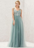 Long/Floor-Length Tulle Satin Bridesmaid Dress, V-Neck, Sleeveless, With Pleated Lace BM bride
