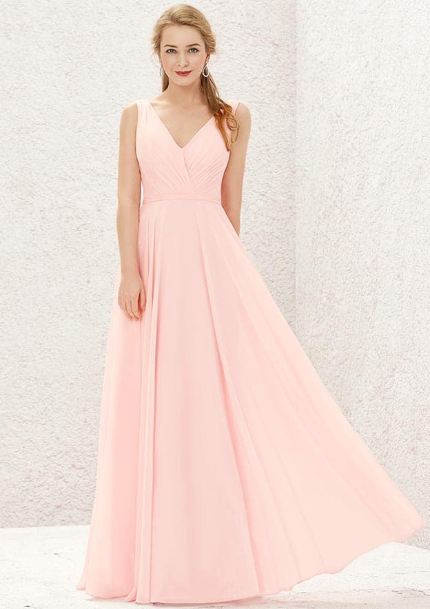 Long/Floor-Length Chiffon Bridesmaid Dress, A-Line Cut, V-Neck, Sleeveless, With Pleats BM bride