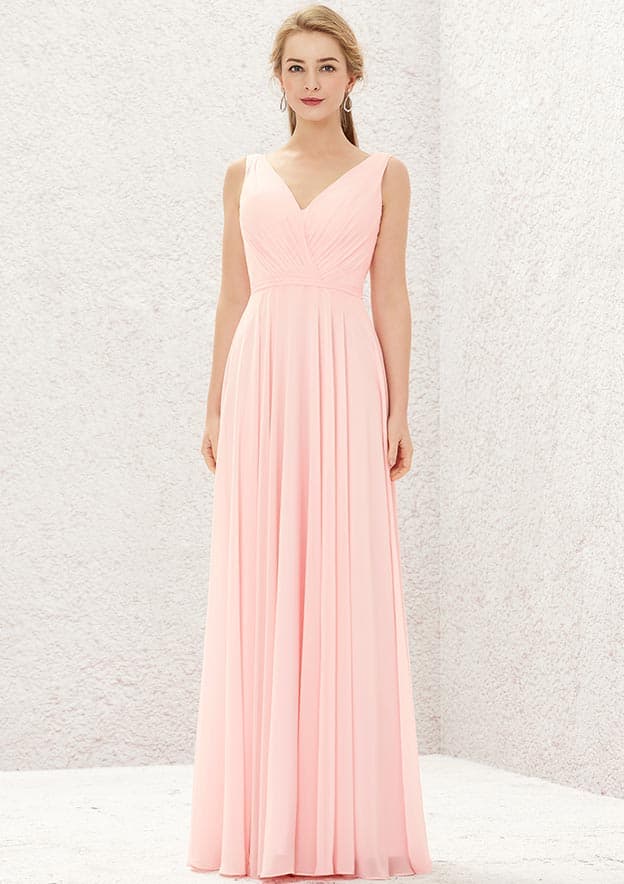 Long/Floor-Length Chiffon Bridesmaid Dress, A-Line Cut, V-Neck, Sleeveless, With Pleats BM bride