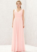 Long/Floor-Length Chiffon Bridesmaid Dress, A-Line Cut, V-Neck, Sleeveless, With Pleats BM bride