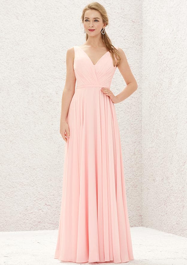 Long/Floor-Length Chiffon Bridesmaid Dress, A-Line Cut, V-Neck, Sleeveless, With Pleats BM bride