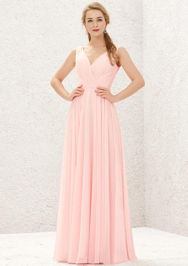 Long/Floor-Length Chiffon Bridesmaid Dress, A-Line Cut, V-Neck, Sleeveless, With Pleats BM bride