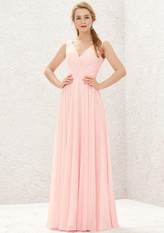 Long/Floor-Length Chiffon Bridesmaid Dress, A-Line Cut, V-Neck, Sleeveless, With Pleats BM bride