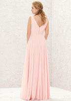 Long/Floor-Length Chiffon Bridesmaid Dress, A-Line Cut, V-Neck, Sleeveless, With Pleats BM bride