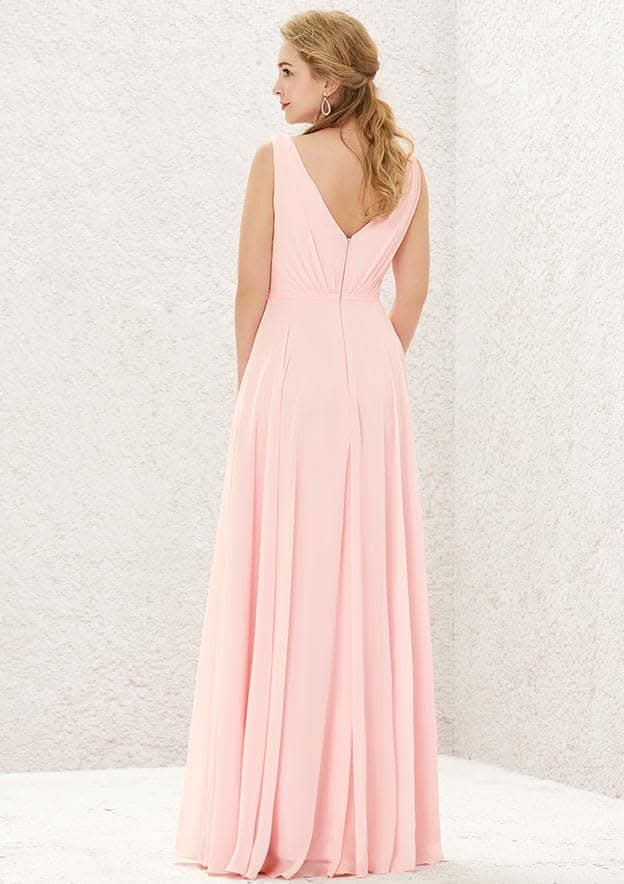 Long/Floor-Length Chiffon Bridesmaid Dress, A-Line Cut, V-Neck, Sleeveless, With Pleats BM bride