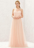 Long/Floor-Length Tulle Satin Bridesmaid Dress, A-Line Cut, Halter Neck, Sleeveless, With Pleating BM bride