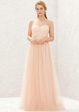 Long/Floor-Length Tulle Satin Bridesmaid Dress, A-Line Cut, Halter Neck, Sleeveless, With Pleating BM bride