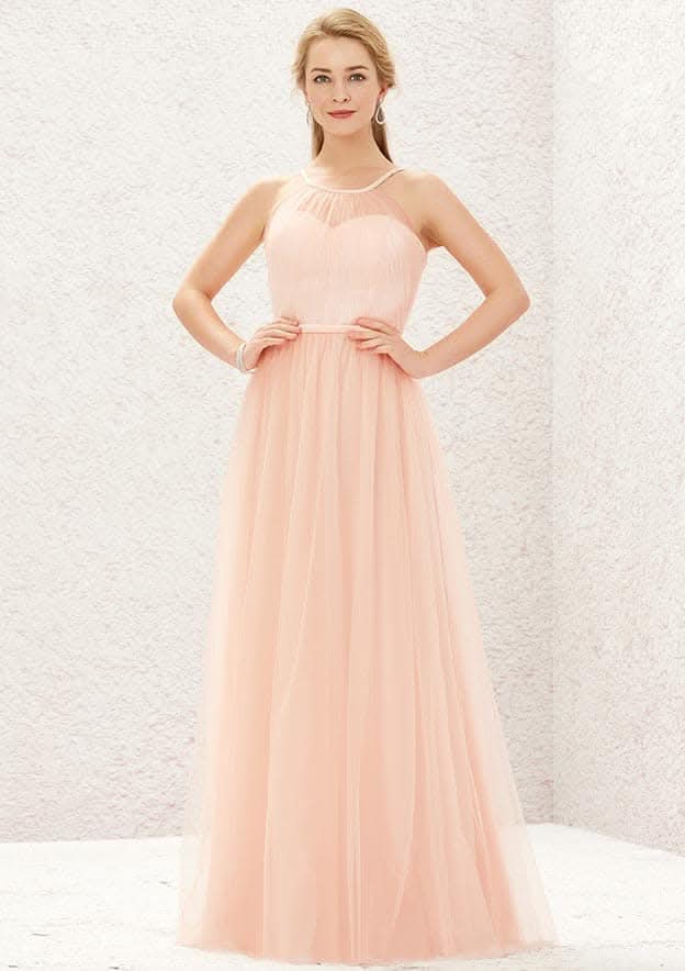 Long/Floor-Length Tulle Satin Bridesmaid Dress, A-Line Cut, Halter Neck, Sleeveless, With Pleating BM bride