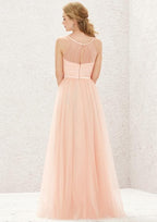 Long/Floor-Length Tulle Satin Bridesmaid Dress, A-Line Cut, Halter Neck, Sleeveless, With Pleating BM bride