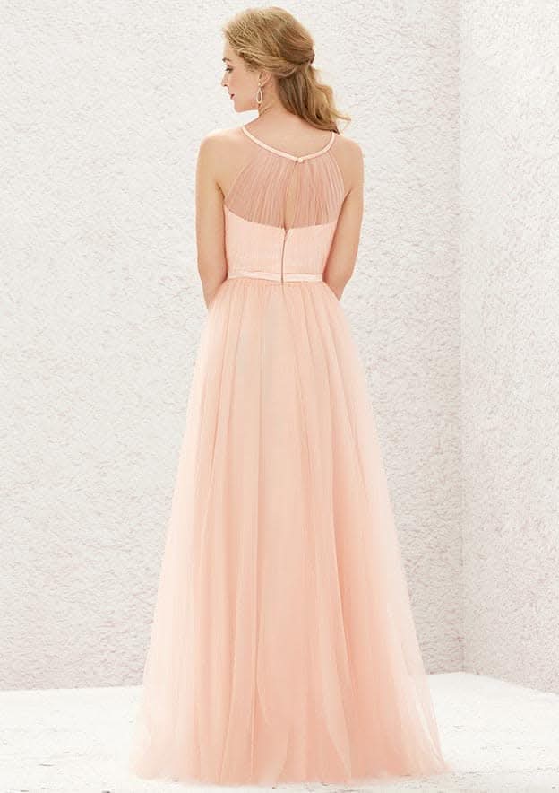 Long/Floor-Length Tulle Satin Bridesmaid Dress, A-Line Cut, Halter Neck, Sleeveless, With Pleating BM bride