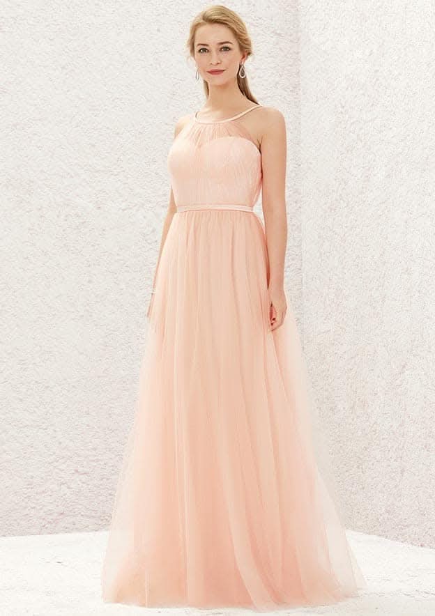 Long/Floor-Length Tulle Satin Bridesmaid Dress, A-Line Cut, Halter Neck, Sleeveless, With Pleating BM bride