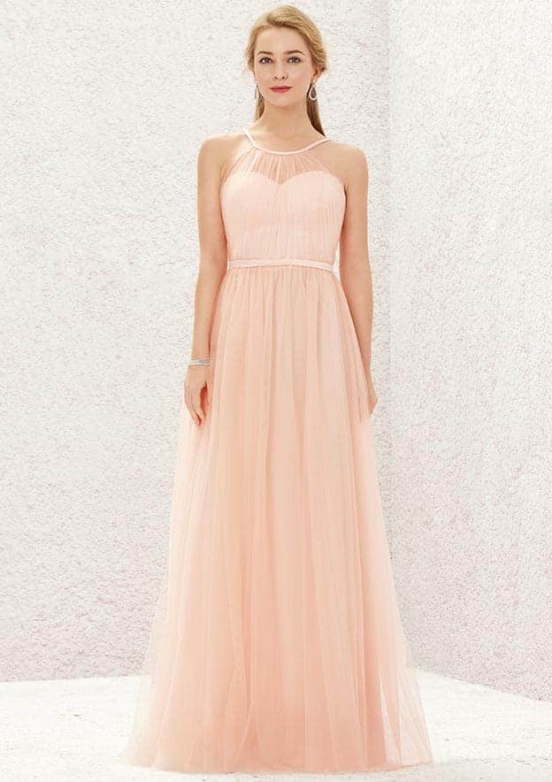 Long/Floor-Length Tulle Satin Bridesmaid Dress, A-Line Cut, Halter Neck, Sleeveless, With Pleating BM bride