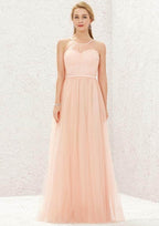 Long/Floor-Length Tulle Satin Bridesmaid Dress, A-Line Cut, Halter Neck, Sleeveless, With Pleating BM bride