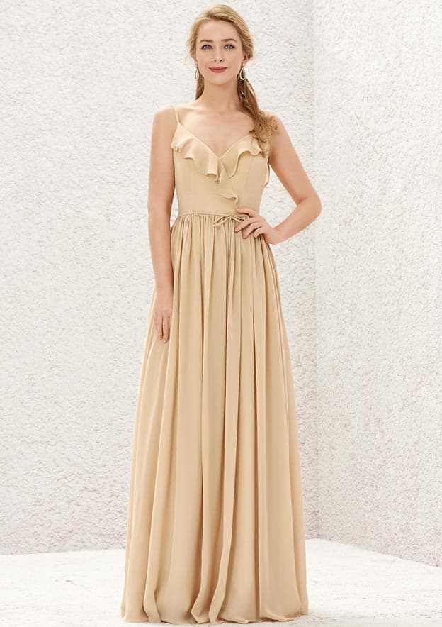 Long/Floor-Length Chiffon Bridesmaid Dress, V-Neck, Sleeveless, With Ruffled Pleats BM bride