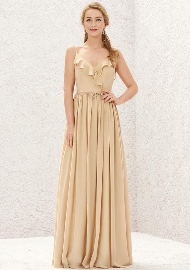 Long/Floor-Length Chiffon Bridesmaid Dress, V-Neck, Sleeveless, With Ruffled Pleats BM bride