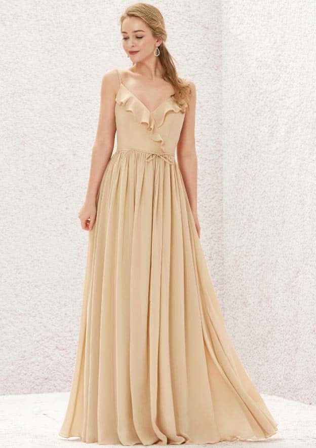 Long/Floor-Length Chiffon Bridesmaid Dress, V-Neck, Sleeveless, With Ruffled Pleats BM bride