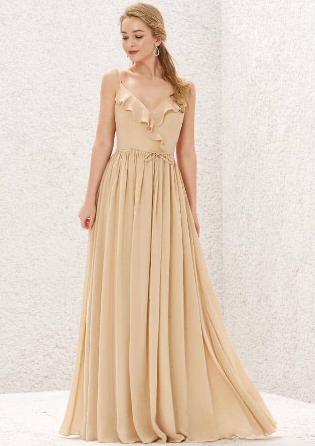 Long/Floor-Length Chiffon Bridesmaid Dress, V-Neck, Sleeveless, With Ruffled Pleats BM bride