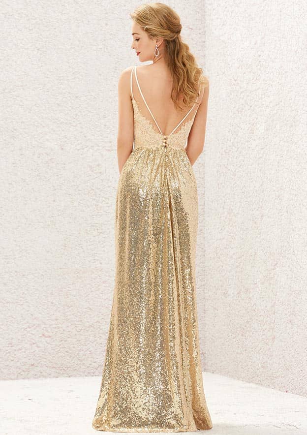 Long/Floor-Length Sequined Bridesmaid Dress, A-Line Cut, V-Neck, Sleeveless, With Lace Pleating BM bride
