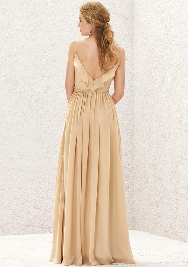 Long/Floor-Length Chiffon Bridesmaid Dress, V-Neck, Sleeveless, With Ruffled Pleats BM bride