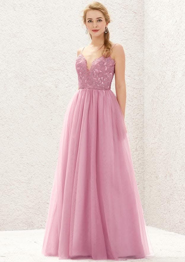 Long/Floor-Length Tulle Bridesmaid Dress, A-Line Cut, V-Neck, Sleeveless, With Lace Style BM bride