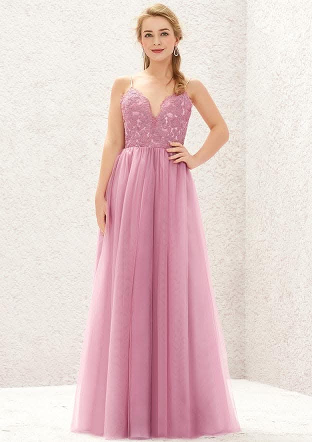 Long/Floor-Length Tulle Bridesmaid Dress, A-Line Cut, V-Neck, Sleeveless, With Lace Style BM bride