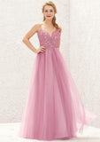 Long/Floor-Length Tulle Bridesmaid Dress, A-Line Cut, V-Neck, Sleeveless, With Lace Style BM bride