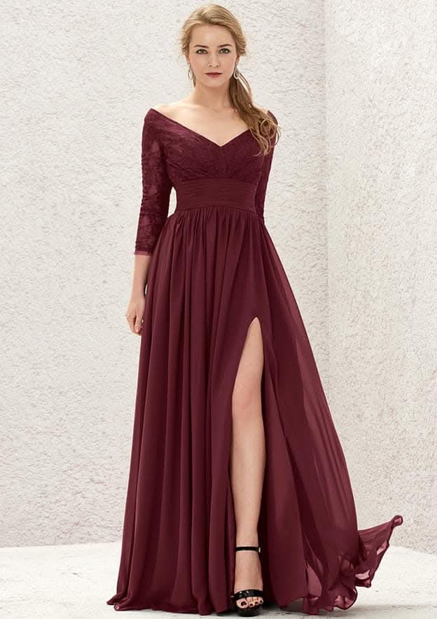 V-Neck A-Line Floor-Length Chiffon Bridesmaid Dress, Long Sleeves With Lace, Split, And Pleats BM bride
