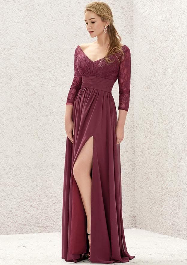 V-Neck A-Line Floor-Length Chiffon Bridesmaid Dress, Long Sleeves With Lace, Split, And Pleats BM bride