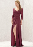 V-Neck A-Line Floor-Length Chiffon Bridesmaid Dress, Long Sleeves With Lace, Split, And Pleats BM bride