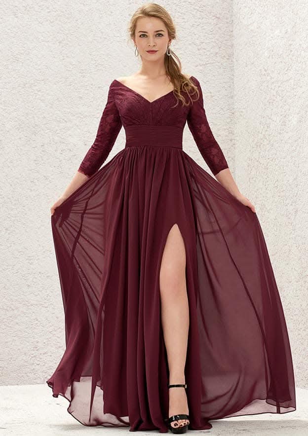 V-Neck A-Line Floor-Length Chiffon Bridesmaid Dress, Long Sleeves With Lace, Split, And Pleats BM bride