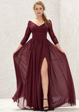V-Neck A-Line Floor-Length Chiffon Bridesmaid Dress, Long Sleeves With Lace, Split, And Pleats BM bride