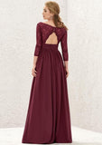 V-Neck A-Line Floor-Length Chiffon Bridesmaid Dress, Long Sleeves With Lace, Split, And Pleats BM bride